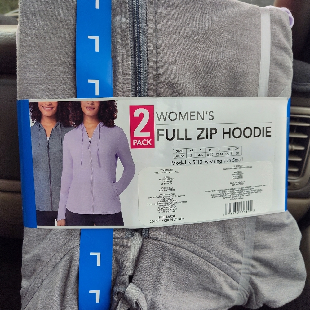 32 Degrees 2 Pack Ladies' Size Large Lightweight Full-Zip Hoodies, Gray-Purple